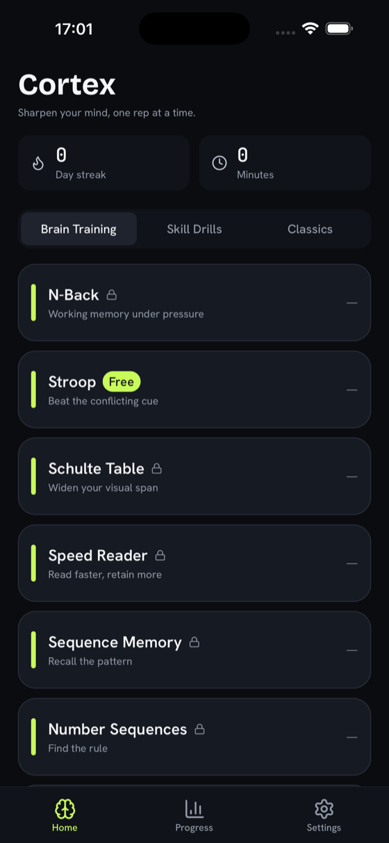 Cortex home screen with the game library