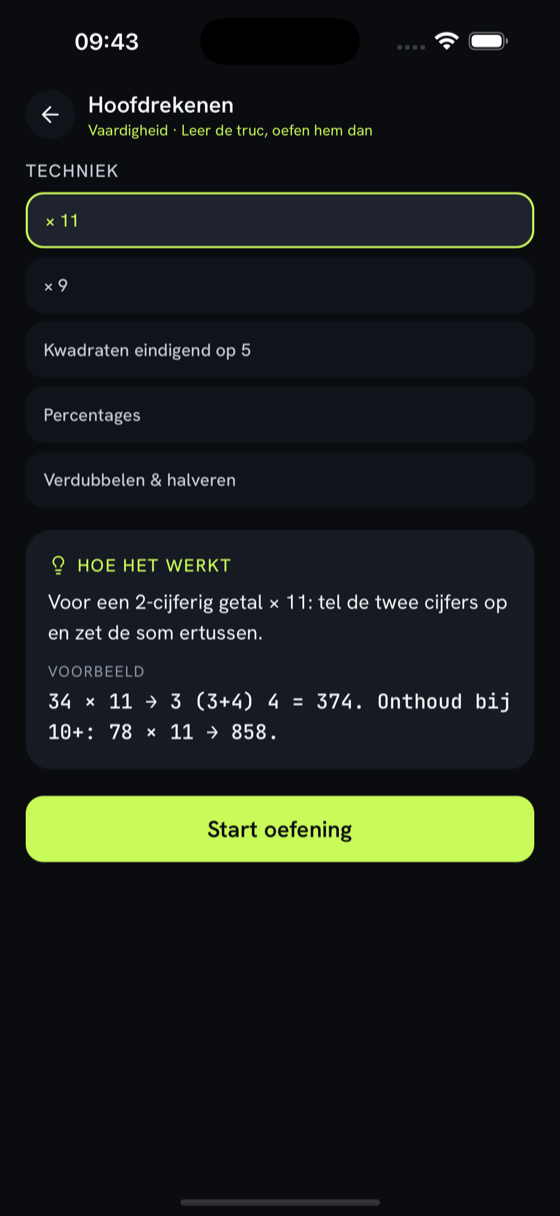 Hoofdrekenen, leer een truc en oefen hem dan